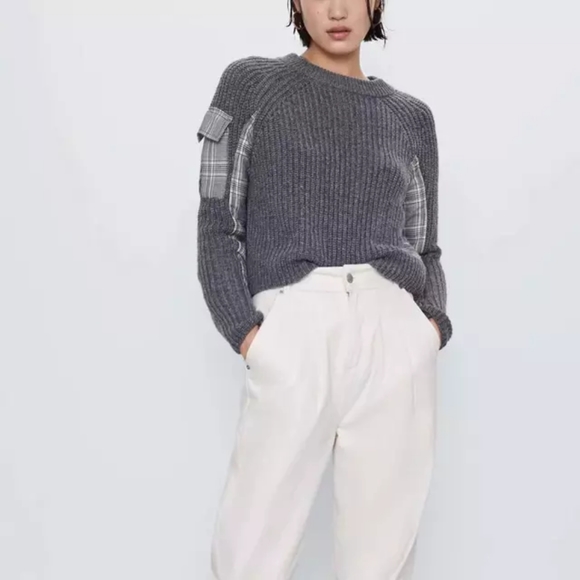 Zara Crew Neck Chunky Knit with Plaid details - Picture 1 of 10